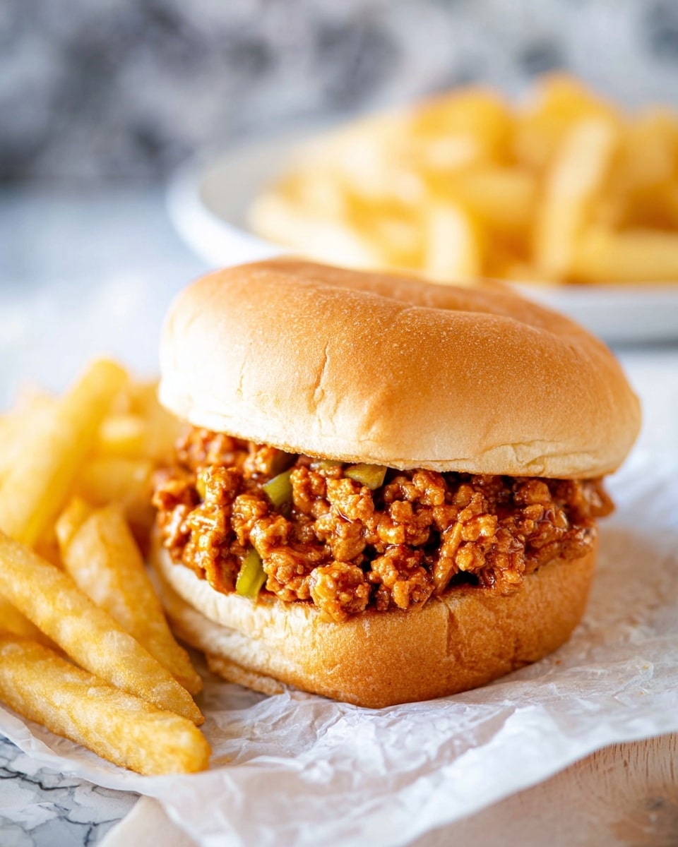The image shows a sloppy joe sandwich with three main layers: a soft, golden-brown hamburger bun on top, a thick middle layer of chunky, reddish-brown ground meat mixed with small pieces of green celery and onions, and the bottom half of the bun in golden-brown color. To the left of the sandwich are several thick, golden-yellow French fries with a slightly crispy texture. The food sits on white parchment paper over a white marbled surface, with a blurred background showing more fries on a white plate. Photo taken with an iphone --ar 4:5 --v 7
