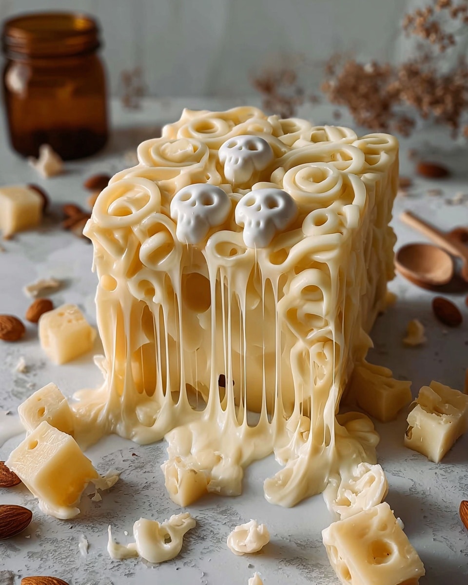 A round white ceramic dish filled with macaroni and cheese is shown, the top layer is a golden-brown melted cheese crust with even rows of circular holes revealing baked pasta underneath, one square piece with stretchy, gooey cheese strings is lifted by a spatula from the dish, the creamy cheese has a smooth, slightly bubbly texture above the pasta, the dish is placed on a white marbled surface with macaroni pieces and a light gray cloth around it, the background is softly blurred. photo taken with an iphone --ar 4:5 --v 7