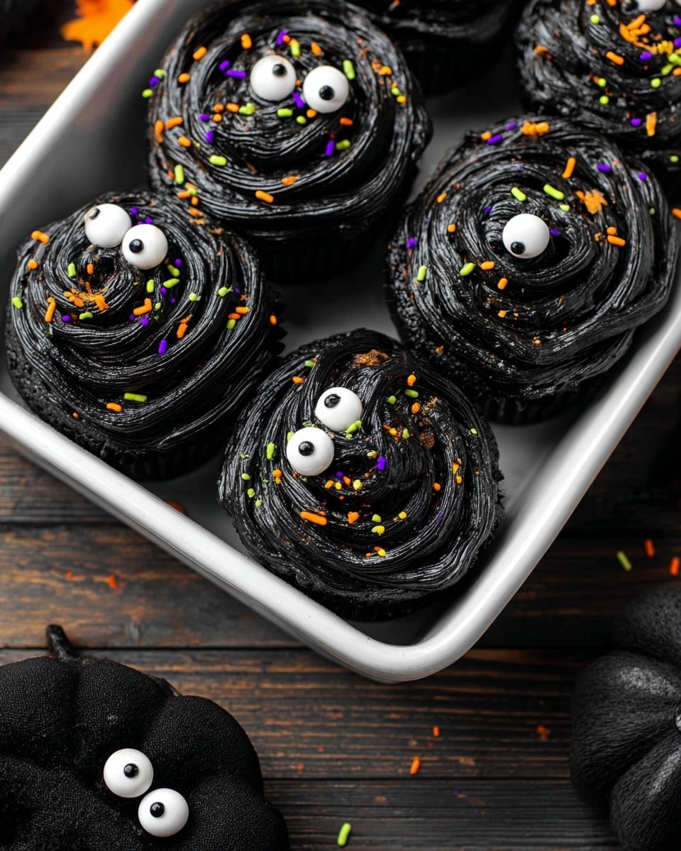 A close-up of a white baking dish filled with six black frosted cupcakes. Each cupcake has a thick, glossy swirl of black icing on top with a slightly textured surface. The cupcakes are decorated with small colorful sprinkles in orange, yellow, green, and purple scattered unevenly across the frosting. Each cupcake has two large candy eyes placed near the top of the swirl, giving a playful look. The dish is set on a dark wooden surface, with two extra candy eyes and two small black velvet pumpkins partially visible nearby. Photo taken with an iphone --ar 4:5 --v 7
