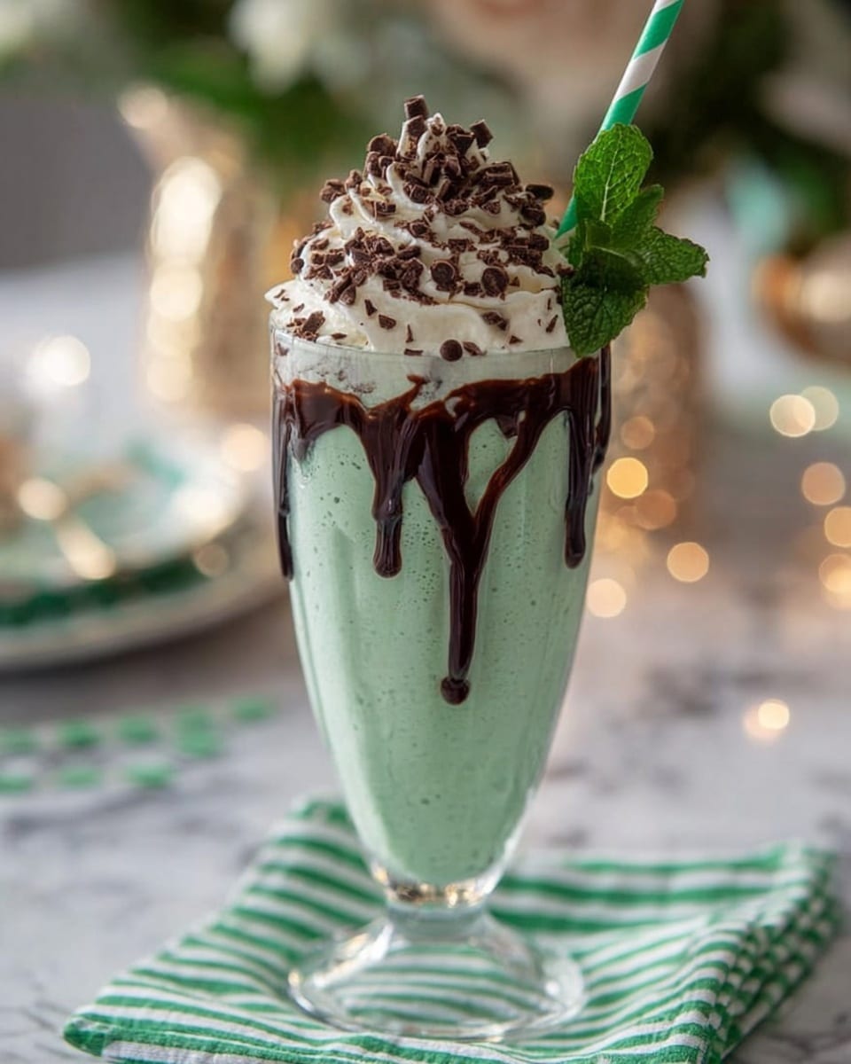 A tall clear glass filled with a light green milkshake showing a smooth creamy texture, decorated inside with dark chocolate syrup dripping down from the rim. On top, there is a thick swirl of white whipped cream covered with small pieces of dark chocolate, and a fresh green mint leaf placed on one side. A striped green and white paper straw is inserted into the whipped cream at an angle. The glass is set on a folded green and white striped cloth on a white marbled surface, with soft blurred party decorations in the background. Photo taken with an iphone --ar 4:5 --v 7