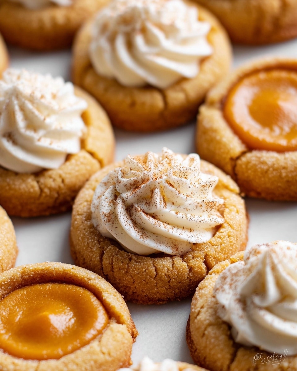 The image shows several small round cookies arranged closely on a white marbled surface. Each cookie has two layers: the base layer is a light golden-brown, slightly rough textured cookie with a hollow center filled with a smooth, deep orange filling. On top of some cookies, there is a dollop of creamy white whipped topping piped in a wavy pattern, dusted lightly with a sprinkling of cinnamon or brown spice. One cookie displays the orange filling alone without the topping, showing a smooth and glossy texture. The overall look is warm, inviting, and detailed with a focus on the textures of the cookie, filling, and whipped cream. Photo taken with an iphone --ar 4:5 --v 7