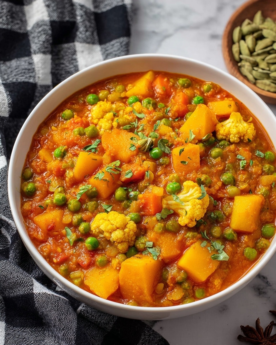 A deep white bowl filled with a thick vegetable curry showing three main layers: a base of orange-red thick sauce, large chunks of yellow potatoes, and bright green peas and small cauliflower florets spread evenly throughout. Fresh green herb bits are sprinkled on top, adding a fresh touch. The bowl is set on a white marbled surface with a black and white checkered cloth and some cardamom pods on the side, hinting at the spices used in the dish. Photo taken with an iphone --ar 4:5 --v 7