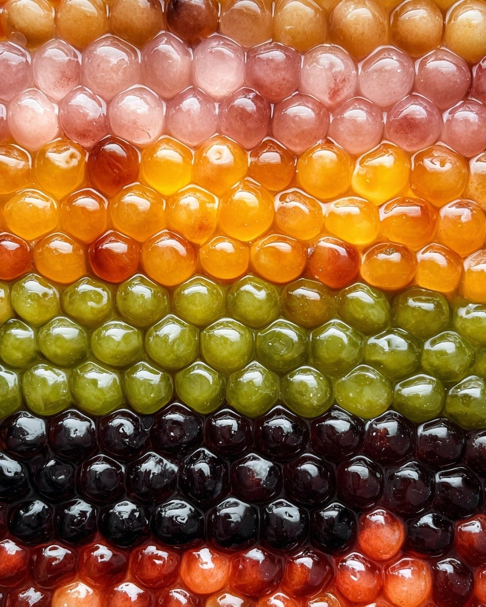 A close-up view of a dish made of five horizontal layers of round, shiny, and translucent pearls in syrup, each layer a different color and texture: the top layer is light brown with a smooth shine, the second layer is pink and slightly smaller with a glossy surface, the third layer is bright orange with plump, smooth pearls, the fourth layer is deep green with a slightly wrinkled texture, and the bottom layer is black with a glossy, almost wet look. Each layer fills the frame fully and is closely packed, showing the wet and sticky syrup coating all pearls. The background is a white marbled texture. photo taken with an iphone --ar 4:5 --v 7