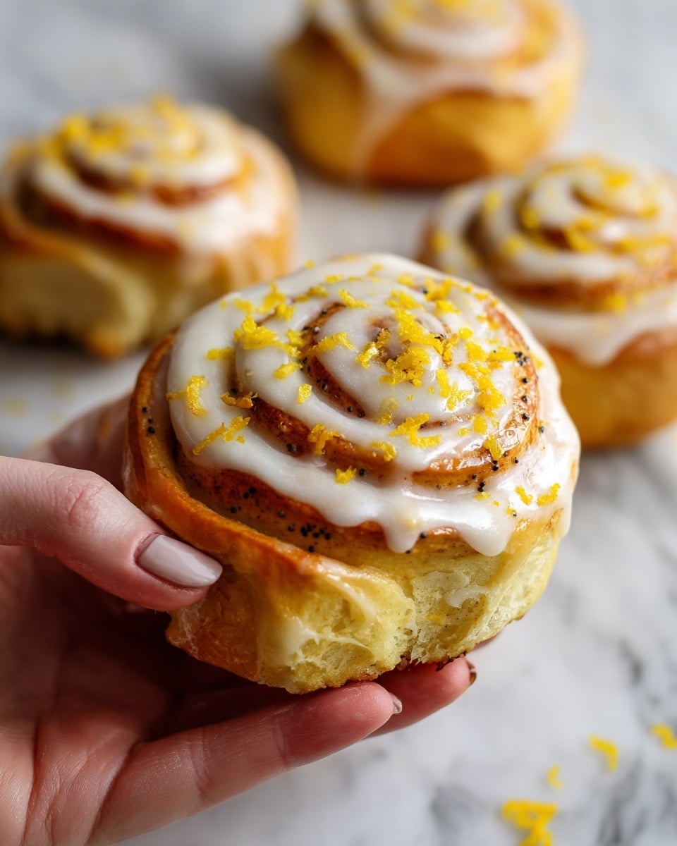 A close-up of a lemon poppy seed roll held by a woman's hand, showing a spiral shape with about three visible layers: the golden-brown baked dough on the outside, a creamy white icing drizzled unevenly over the top, and sprinkled bright yellow lemon zest scattered across the icing. The dough texture looks soft and slightly shiny from the glaze, with tiny black poppy seeds embedded throughout. In the blurred background, more rolls are seen resting on a white marbled surface. photo taken with an iphone --ar 4:5 --v 7