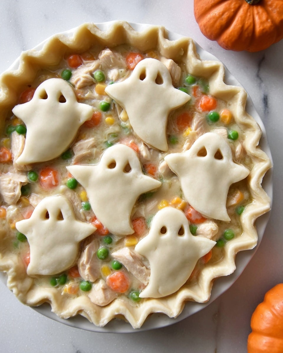 A round pie with a golden, flaky crust sits on a white plate, showing a colorful filling of mixed vegetables in orange, green, and cream shades. On top of the pie, there are seven ghost-shaped dough pieces, each baked to a light golden brown with small holes for eyes, spread evenly. The pie is placed on a white marbled surface with a pumpkin in the background and a stack of white plates with forks to the side. Photo taken with an iphone --ar 4:5 --v 7