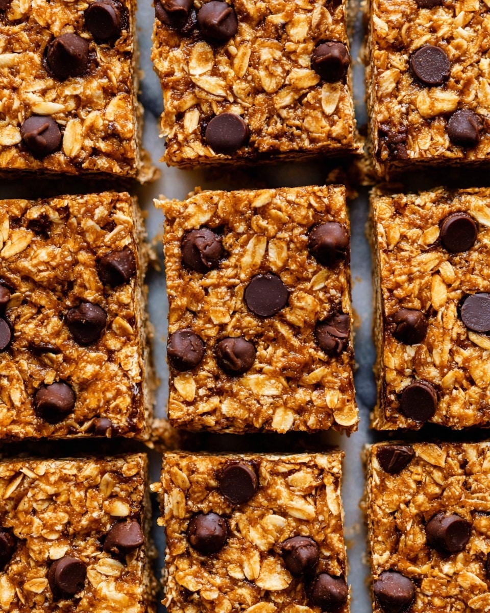 A stack of three thick, square oat bars with visible chunky dark chocolate pieces melted inside. The bars show a textured surface made of brown oats with a slightly crumbly yet moist look. They are layered one on top of another, with the top bar resting slightly askew to reveal the oats and dense chocolate chunks inside. The background is a smooth white marbled texture with a blurred out red cloth appearing faintly to the side. photo taken with an iphone --ar 4:5 --v 7