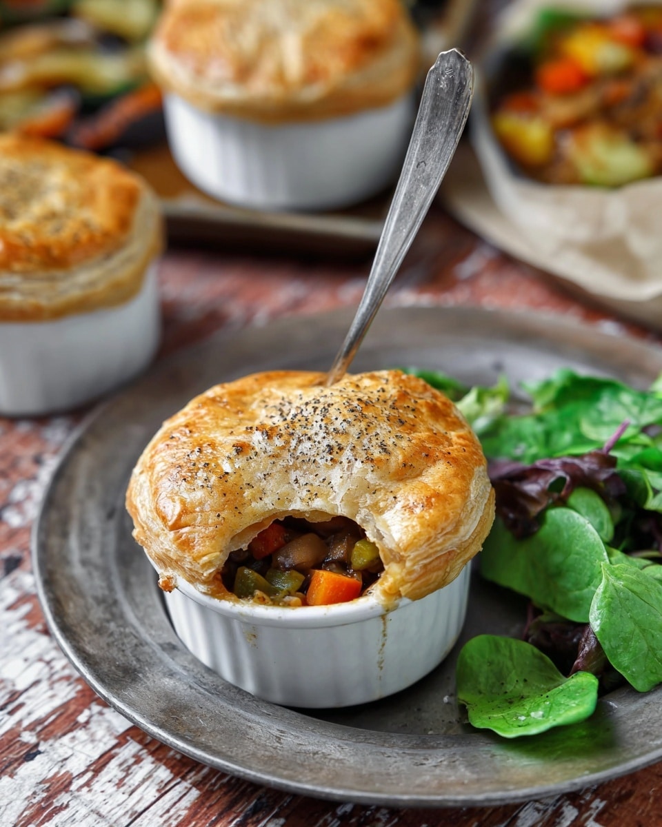 A single round pot pie sits in a white ramekin on a slightly worn, round copper-colored plate placed on a white marbled textured surface. The pot pie has a golden-brown crust speckled with herbs, slightly cracked on top to reveal a colorful filling of orange carrots, brown mushrooms, and other vegetables. A small metal spoon is inserted into the visible filling at the center of the crust. To the right of the pot pie on the plate is a small pile of fresh green leafy salad with spinach and mixed greens. In the blurred background, two more pot pies in white ramekins and a baking tray filled with roasted vegetables can be seen. Photo taken with an iphone --ar 4:5 --v 7