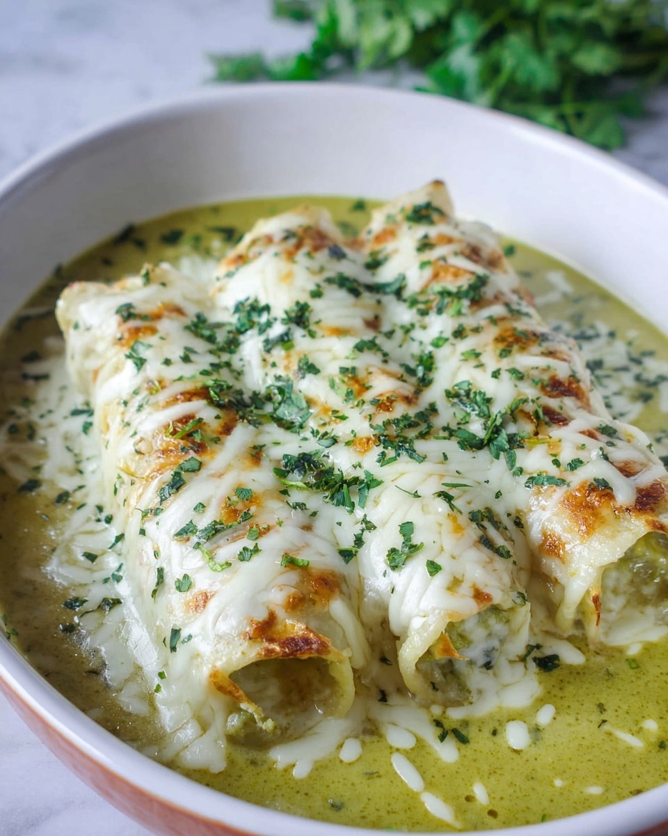 The image shows a white dish filled with five rolled pieces of food covered by a creamy melted white cheese layer, sprinkled generously with small chopped green herbs. The rolls rest in a light green sauce that is visible around the edges and between the rolls. The surface beneath the dish has a white marbled texture, and there is fresh green herb garnish blurred in the background. Photo taken with an iphone --ar 4:5 --v 7