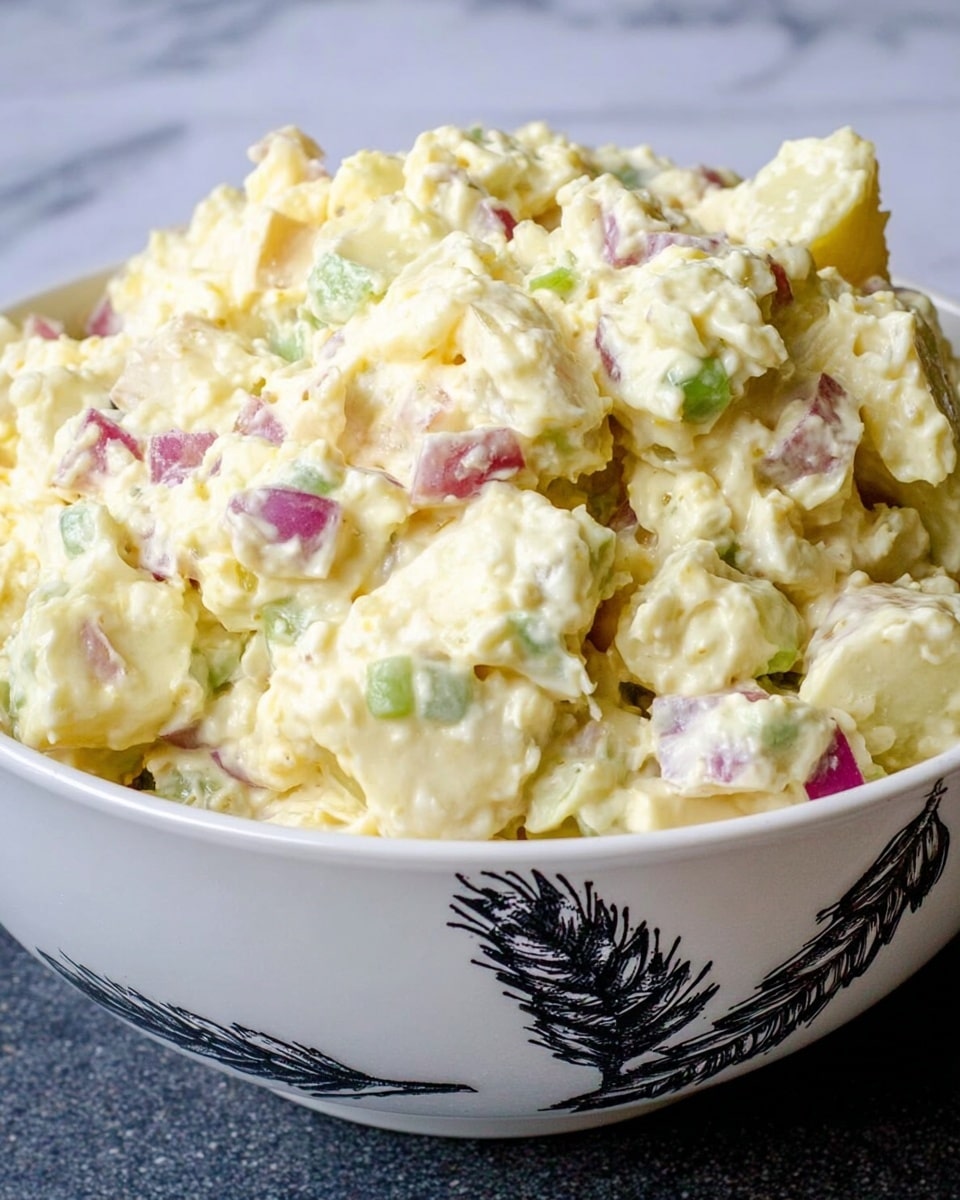 A close-up view of a large white bowl filled with creamy potato salad, showing a thick, chunky texture with a pale yellow dressing coating small, uneven pieces of potato. Mixed throughout are small bits of light green celery and purple-red onion, adding color contrast. The bowl features a black wheat stalk design on the front and sits on a white marbled surface. Photo taken with an iphone --ar 4:5 --v 7