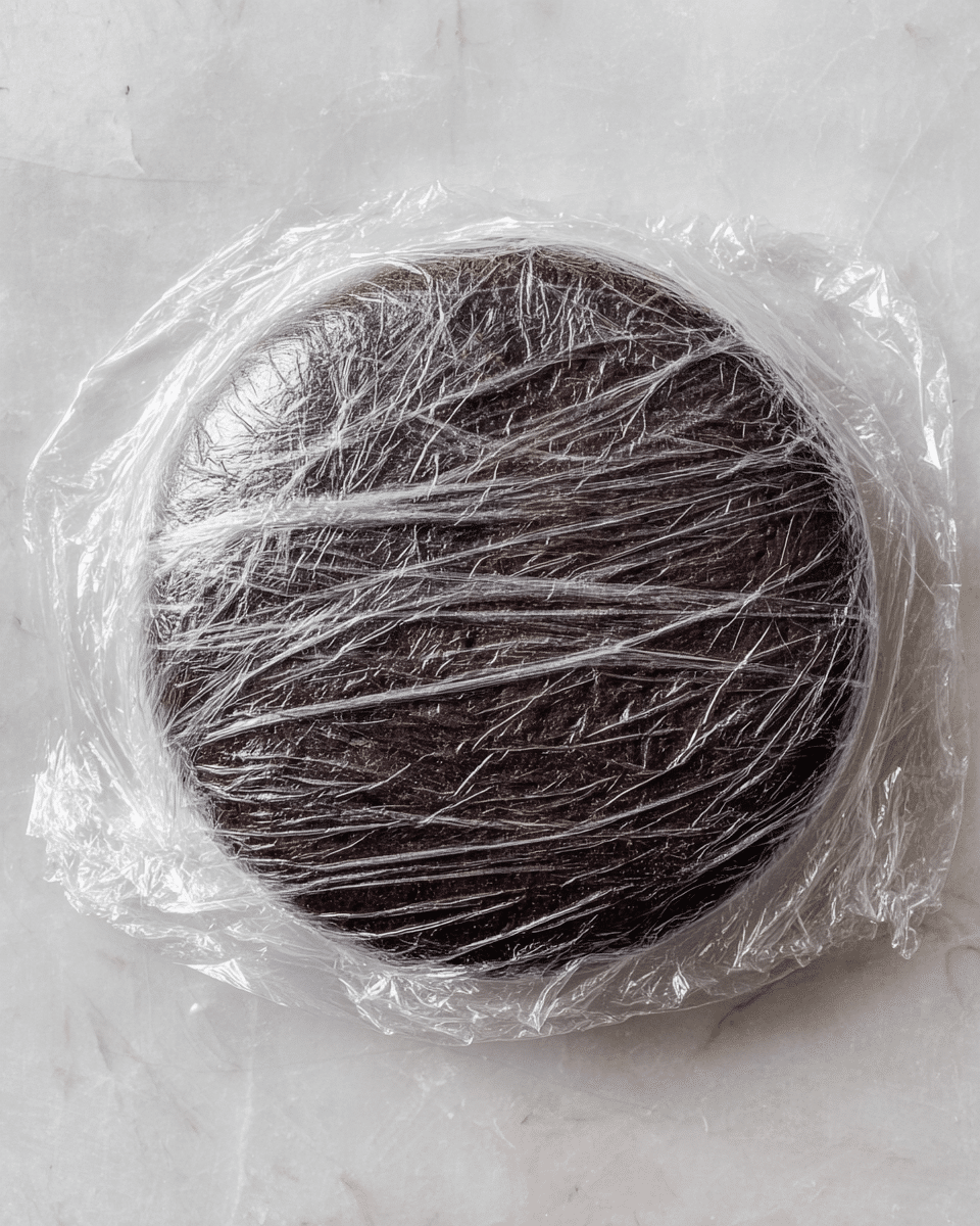 A round, dark brown cake with a smooth surface is completely covered with a clear plastic wrap that has crinkled texture and reflects light, sitting on a white marbled textured surface. The cake looks firm and moist under the transparent wrap, which is slightly gathered around the edges of the cake. The overall look is simple and clean. photo taken with an iphone --ar 4:5 --v 7