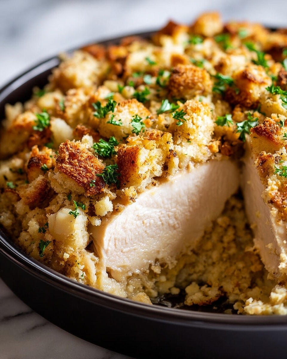 A close-up of a baked dish in a black round pan showing two thick layers: the bottom layer is light beige cooked chicken breast with a juicy, smooth texture, and the top layer is a golden brown crumbly stuffing with crouton-like pieces and small bits of fresh green parsley sprinkled on top, giving a contrast of soft and crunchy textures. The stuffing layer covers the chicken completely except for the front edge where the chicken is cut and visible. The dish rests on a white marbled surface. Photo taken with an iphone --ar 4:5 --v 7