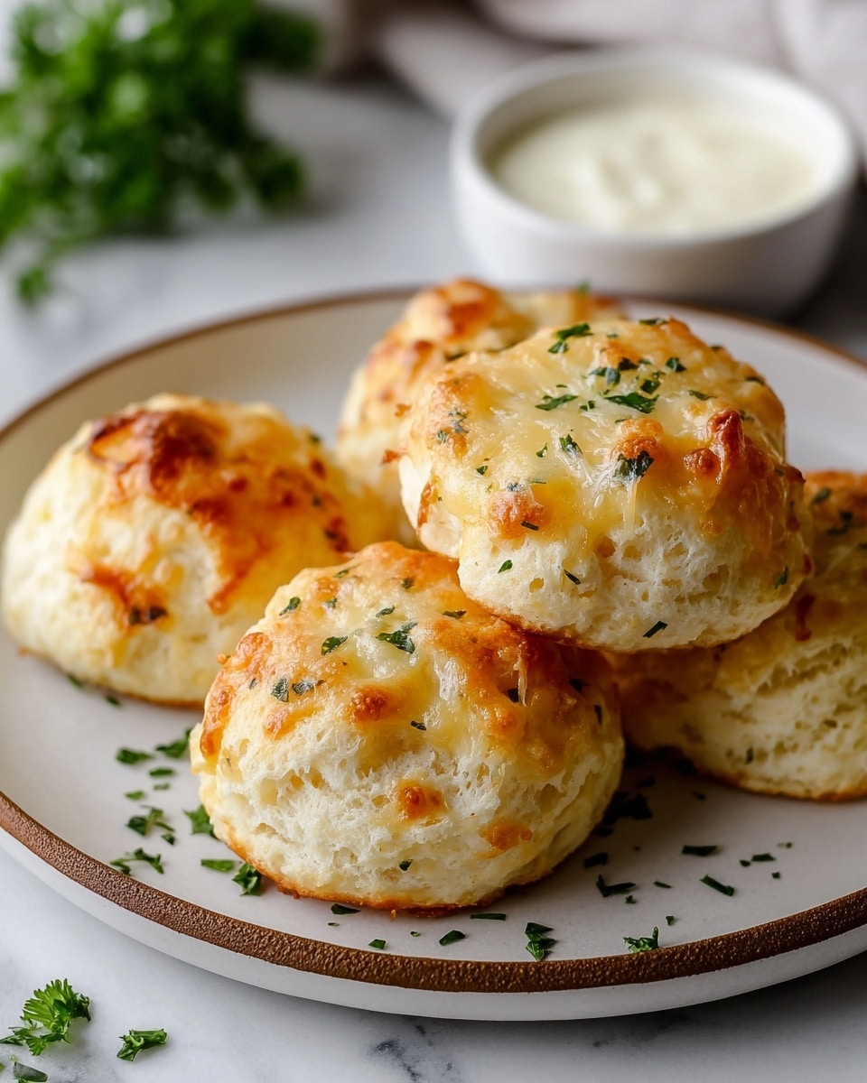 The image shows six freshly baked cheese biscuits arranged on a round, white plate with a gray border, placed on a white marbled surface. Each biscuit has one visible layer of light, fluffy dough with a golden-brown top that is slightly crispy and bubbled, showcasing melted cheese that is creamy white with browned spots. Small pieces of green chopped herbs are sprinkled over the cheese tops and around the plate, adding a touch of color. The texture of the biscuits looks soft inside and crunchy outside, and the lighting highlights the contrast between the light dough and the browned cheese topping. photo taken with an iphone --ar 4:5 --v 7