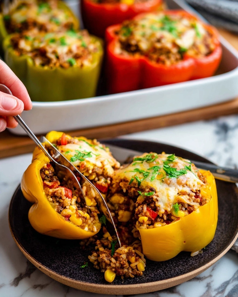 Six stuffed bell peppers sit closely in a white rectangular baking dish on a white marbled surface. Each pepper acts as a bowl holding layers of cooked rice mixed with ground meat, corn, and diced red peppers. On top of the filling is a layer of melted cheese that is golden and slightly browned in spots, sprinkled with finely chopped green herbs. The peppers show a range of colors with two green, two yellow, and two red peppers arranged evenly in the dish. The textures vary from the smooth, shiny pepper outer layers to the soft, mixed filling and gooey melted cheese. Photo taken with an iphone --ar 4:5 --v 7