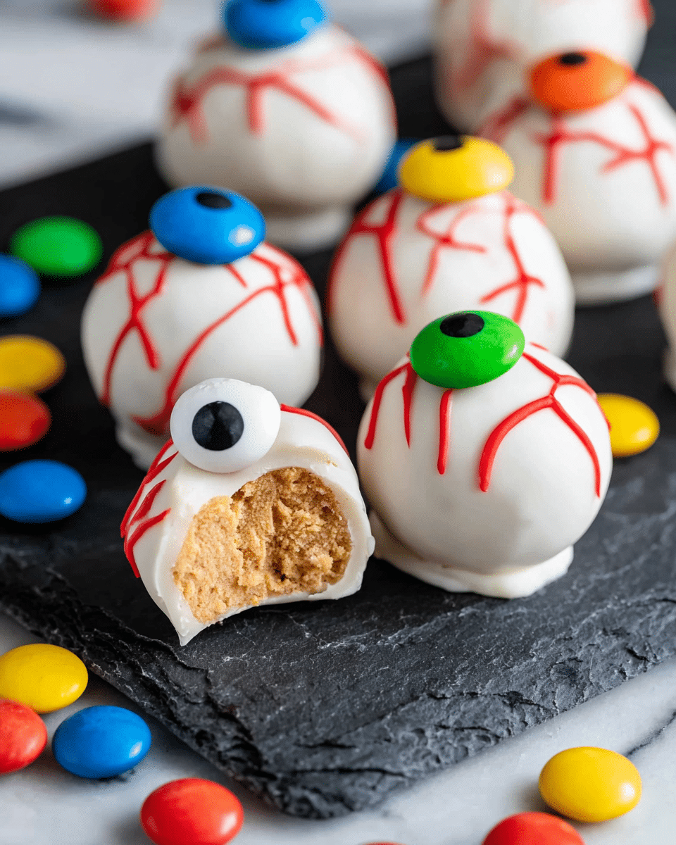 The image shows round truffle balls covered in a smooth, white coating, each decorated with red lines resembling veins, giving them the look of eyeballs. Each truffle has a colorful candy on top in blue, red, green, or yellow with a black center. One truffle is cut in half, revealing a light brown, soft, and crumbly interior. These treats are placed on a dark textured slab with scattered bright round candies in various colors around them. The overall setting is on a white marbled surface. photo taken with an iphone --ar 4:5 --v 7