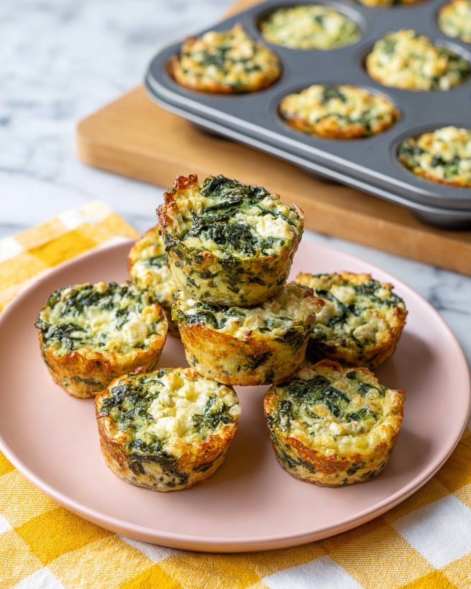 The image shows several small spinach and cheese bites stacked on a pale pink plate. Each bite is round with a golden brown crust on the edges and a soft, textured mix of green spinach and white cheese throughout. The interior looks moist with small, visible pieces of spinach and melted cheese, giving a slightly uneven surface. In the background, more of these bites are placed inside a metal muffin tray and on a wooden board. The whole scene is set on a white marbled surface with a yellow and white checkered cloth partly underneath the plate. Photo taken with an iphone --ar 4:5 --v 7