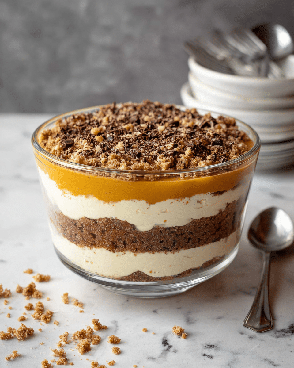 A clear round glass bowl shows a layered dessert with five visible layers. The bottom layer is crumbly and light brown, followed by a thick creamy white layer. Above that is another crumbly light brown layer, topped with a smooth pumpkin orange layer. Another crumbly light brown layer sits on top of the orange layer, and the dessert is finished with a thick creamy white layer sprinkled with small chopped nuts and chocolate bits. The bowl is placed on a white marbled surface with a small pile of crumbs nearby, and a stack of white bowls and forks are blurred in the background. Photo taken with an iphone --ar 4:5 --v 7