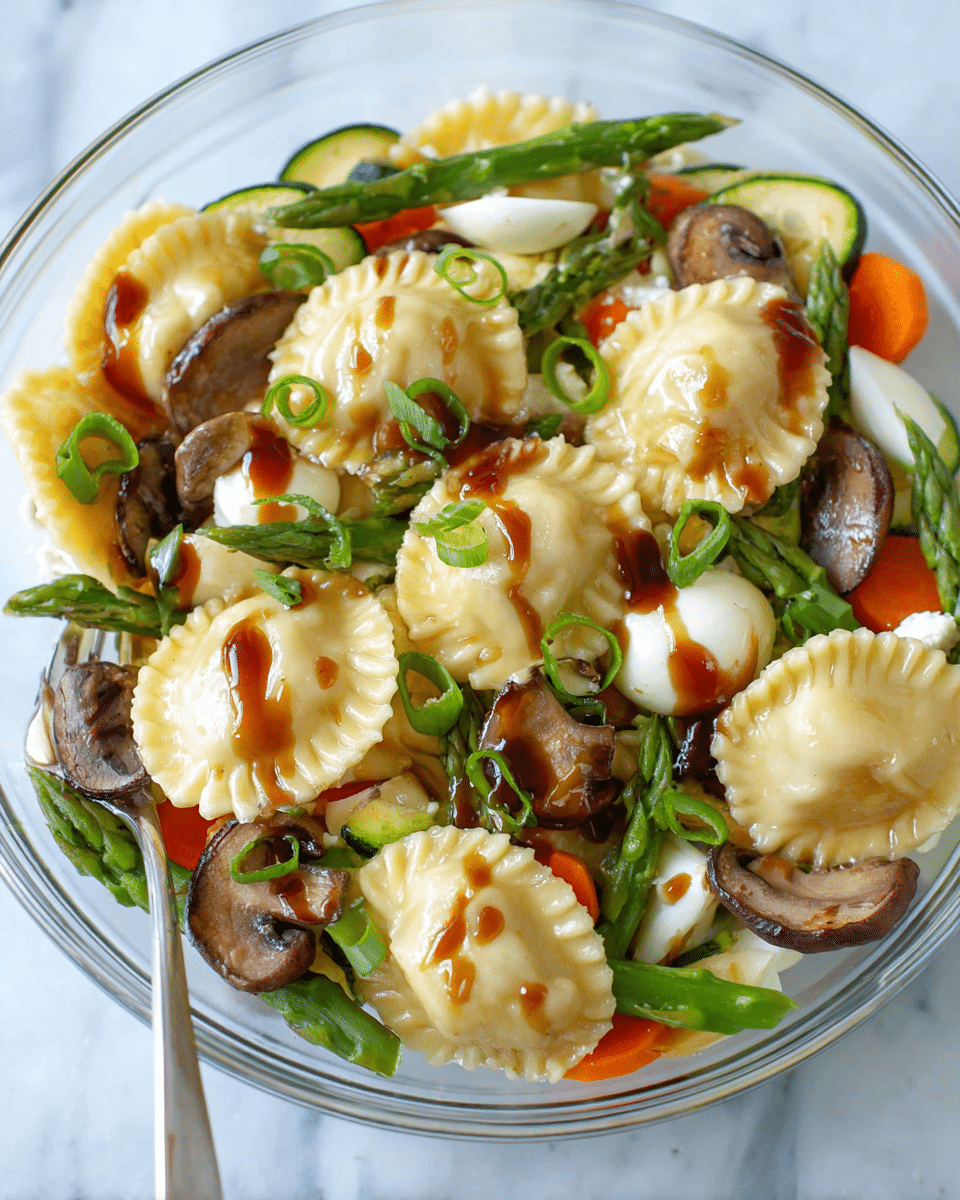 A white plate holds three golden brown dumplings placed in the center, covered with a glossy dark brown sauce. Surrounding and beneath them are bright green asparagus pieces, thin carrot slices, and sautéed brown mushroom slices. Small rings of fresh green onions are scattered on top and around the dumplings, adding a fresh touch. A silver fork rests on the left side of the plate, all set on a white marbled surface. photo taken with an iphone --ar 4:5 --v 7
