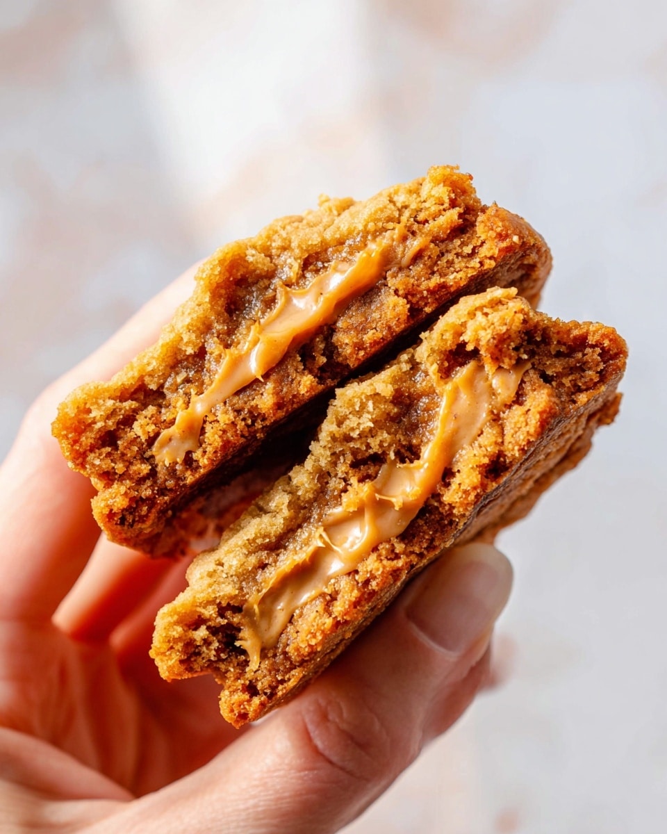 Two halves of a warm, golden-brown cookie held closely between a woman's thumb and fingers, showing a gooey, melted peanut butter layer running through the middle. The cookie has a slightly crumbly texture with crispy edges and a soft, chewy center visible in the broken halves. The background is a soft, white marbled texture with soft natural light highlighting the rich amber tones of the peanut butter and the cookie’s texture. Photo taken with an iphone --ar 4:5 --v 7