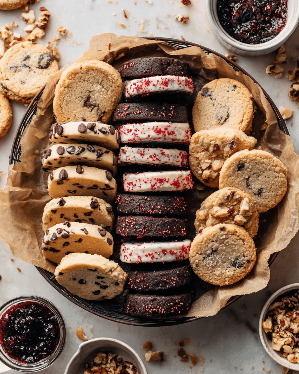 The image shows four neat rows of sliced rolled sweets arranged closely on a wooden board. The first row on the left has dark chocolate rolls with crushed nuts visible inside and on the edges, giving a rough, crunchy texture. Next to it, there is a row of lighter-colored rolls coated with a fine layer of sugar, showing a smooth, swirled pattern inside. The third row features pale yellow rolls with visible chunks of dark chocolate spread throughout, giving a textured look. The last row on the right is made of dark chocolate rolls with a smooth surface and some chocolate bits embedded. The cutting board's grain is visible under the sweets, and the image captures a close, warm view of the treats. Photo taken with an iphone --ar 4:5 --v 7
