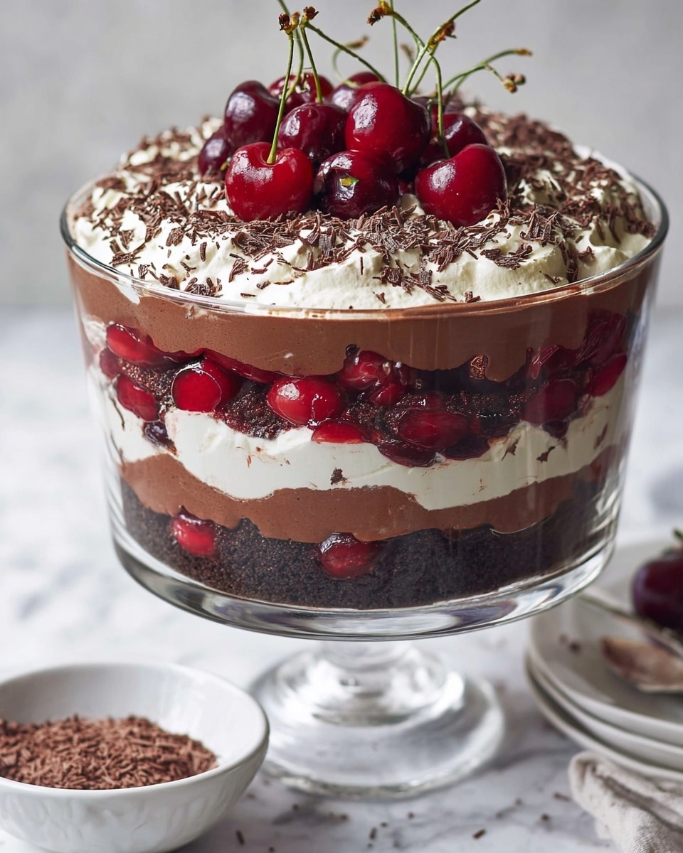 A tall glass trifle dish shows a layered dessert with six clear layers: the bottom is a dark chocolate cake layer with a rough texture, followed by a thick creamy chocolate pudding layer with smooth texture; next is a bright red cherry compote layer with whole cherries visible, then a thick white creamy layer, topped again by a dark chocolate cake layer similar to the bottom; above that is another smooth chocolate pudding layer, followed by a layer of bright red cherry compote with whole cherries peeking through; the top is a thick, fluffy white whipped cream layer, sprinkled with fine dark chocolate shavings, and crowned with several glossy fresh cherries with green stems. The dish sits on a clear glass stand, placed on a white marbled surface, beside a small white bowl filled with grated chocolate. Photo taken with an iphone --ar 4:5 --v 7