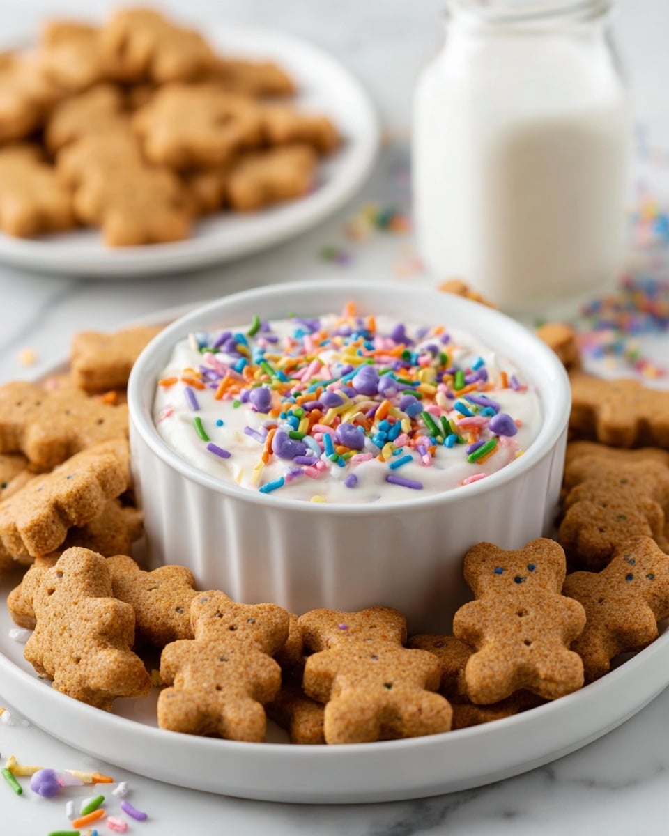 The image shows a close-up of multiple clear plastic containers arranged on a white marbled surface, each divided into two sections: one side filled with small, bear-shaped cookies that are light brown and textured, and the other side filled with smooth, white yogurt topped with colorful, small sprinkle pieces in orange, purple, green, yellow, pink, and blue. Some containers have a single bear cookie delicately placed on top of the yogurt, and one bear cookie is standing upright on the edge of a container. The overall look is clean and bright with a fun mix of textures and colors. photo taken with an iphone --ar 4:5 --v 7