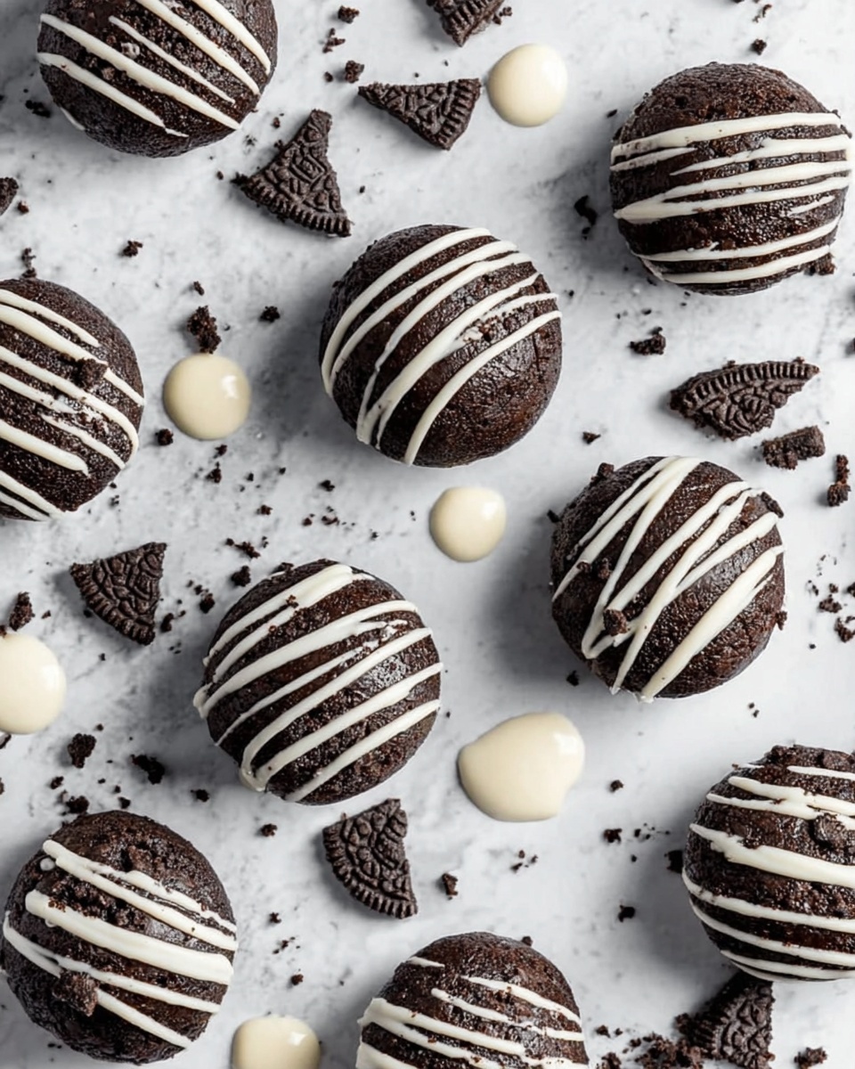 The image shows round dark chocolate cookie balls with visible small cookie bits inside, each topped with thin, wavy white icing lines drizzled over the surface. They are arranged in a scattered pattern on a white marbled background, surrounded by broken pieces of dark chocolate cookies and small blobs of smooth white icing. The overall look is neat but casual, with the contrast between the rich dark cookie balls and bright white icing standing out clearly. photo taken with an iphone --ar 4:5 --v 7