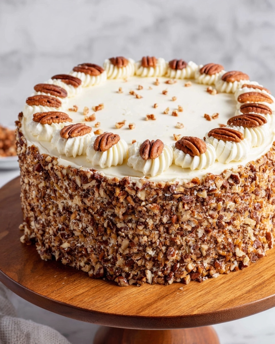 A round cake with three visible layers covered in white creamy frosting, the sides coated densely with chopped nuts that create a rough texture, and the top decorated with a smooth layer of white frosting sprinkled with small nut pieces and a ring of whole pecans evenly spaced around the edge. The cake sits on a round wooden board against a white marbled texture. photo taken with an iphone --ar 4:5 --v 7
