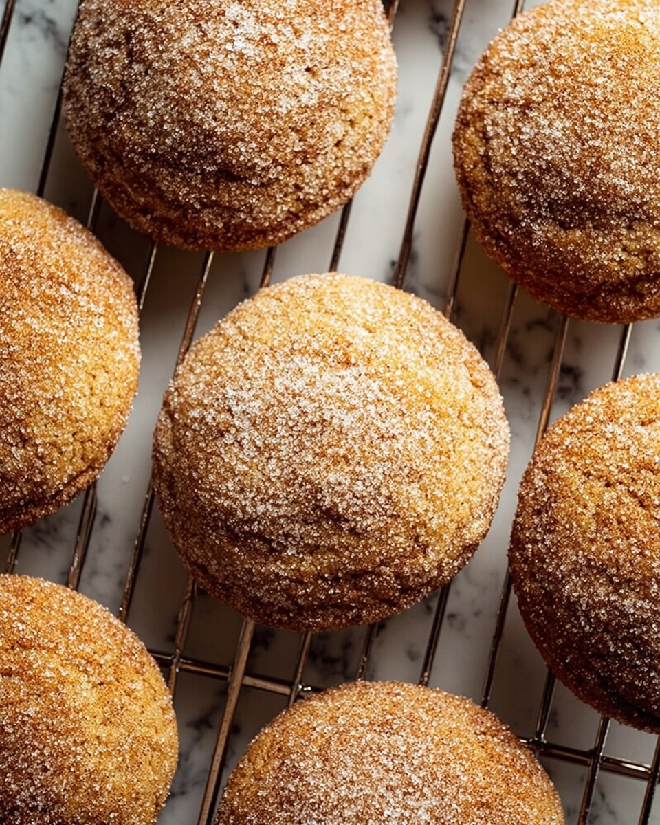 A close-up view shows nine round, brown cookies covered evenly with a layer of fine sugar, giving them a slightly sparkly, textured surface. The cookies have a soft, slightly bumpy appearance with golden-brown tones. They are placed on a metal cooling rack with a grid pattern, which is set against a white marbled surface. The cookies are arranged in a loose, irregular pattern, filling most of the frame. photo taken with an iphone --ar 4:5 --v 7