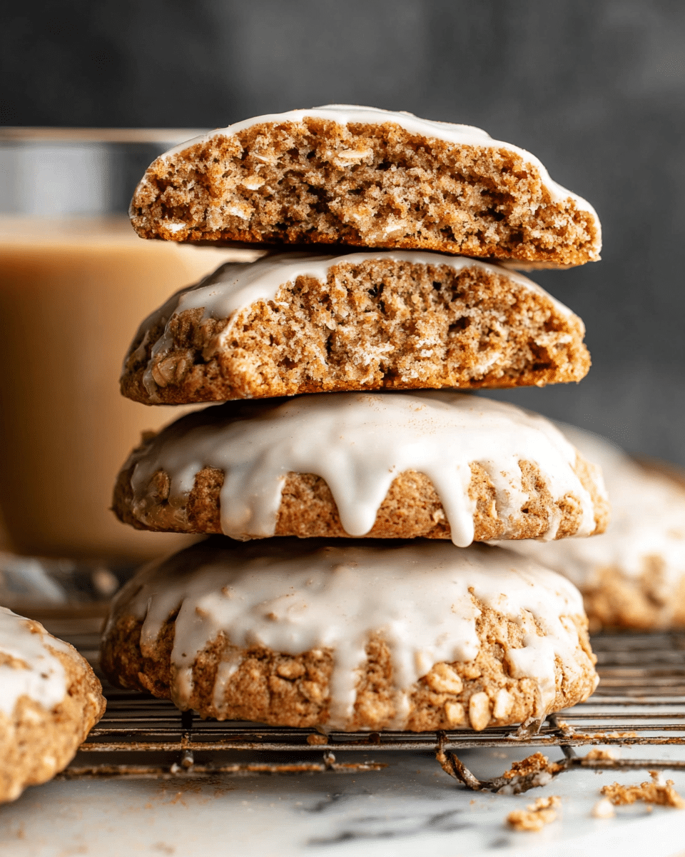 A close-up of a stack of four thick oatmeal cookies with a smooth, creamy white glaze on top that drips slightly down the sides. The cookies have a golden-brown color mixed with visible oats inside, giving them a rough texture. The second cookie from the top is broken in half to show the inside, revealing the soft and chewy oat and cinnamon speckled crumb. The cookies rest on a silver cooling rack with a glass of light brown liquid, possibly coffee or milk, blurred softly in the background. The whole setting is on a white marbled surface with a dark blurred background. photo taken with an iphone --ar 4:5 --v 7