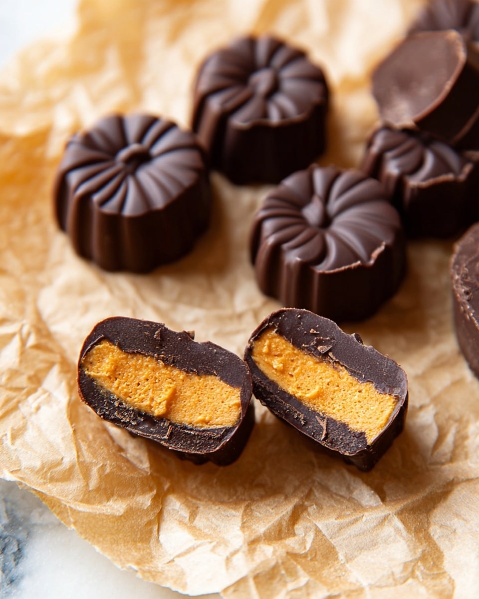 The image shows a group of small, round chocolate treats stacked on a white plate with a white marbled texture in the background. Each treat has three visible layers: a bottom and top layer of dark, smooth chocolate with a shiny finish, and a middle layer of rich, textured peanut butter filling with a warm orange-brown color. One piece is cut open and stacked on another to reveal the thick peanut butter center inside the glossy dark chocolate shell. The treats have a slightly glossy surface and some slight uneven edges from the filling. Photo taken with an iphone --ar 4:5 --v 7