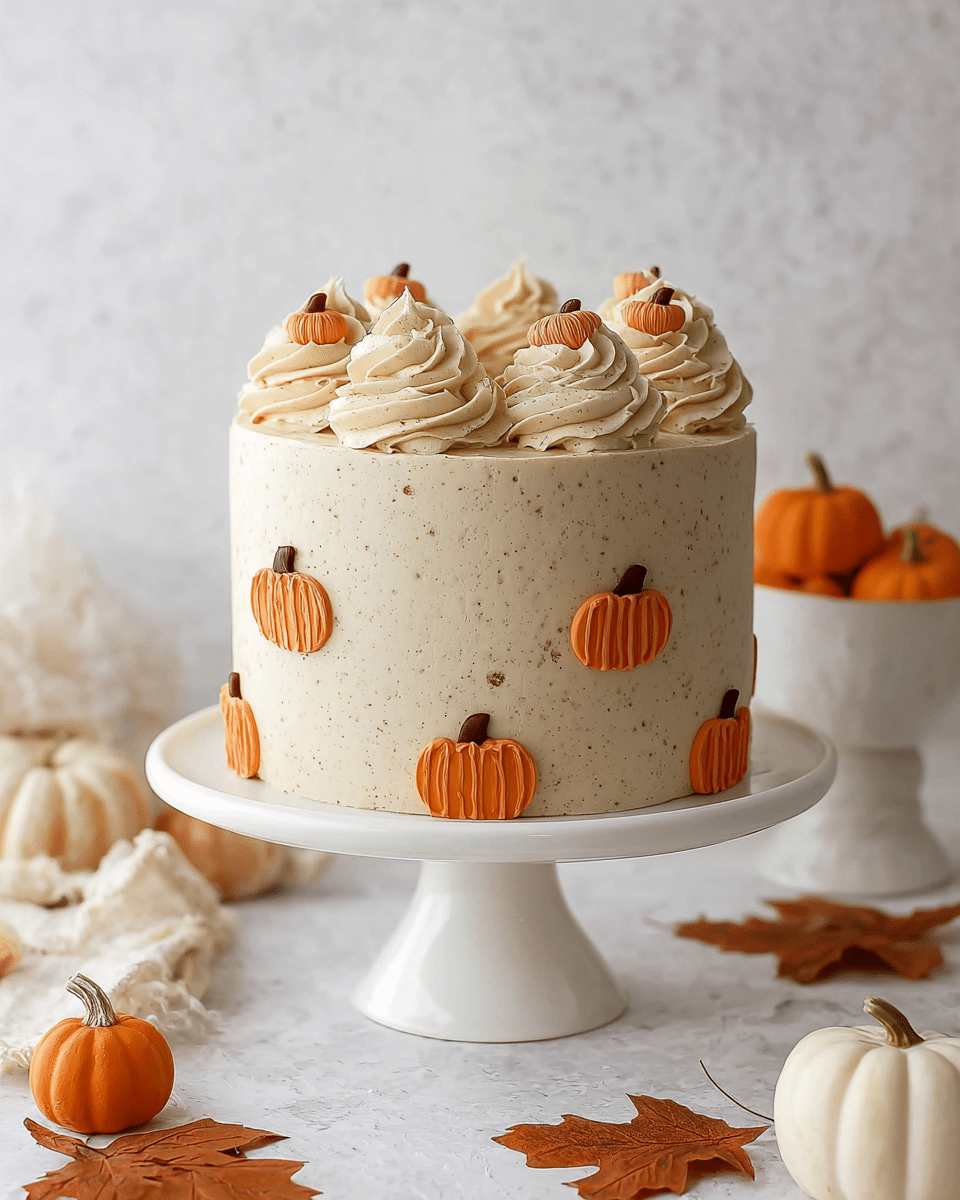 A tall round cake on a white cake stand with smooth light beige frosting that has tiny darker specks throughout. The cake has small orange pumpkin shapes piped evenly around the sides, each with thin textured lines and a small brown stem on top. The top edge of the cake is decorated with large swirls of creamy beige frosting, with some small orange pumpkin decorations on the top as well. The cake is placed on a white marbled surface with small pumpkins and autumn leaves scattered around. Photo taken with an iphone --ar 4:5 --v 7