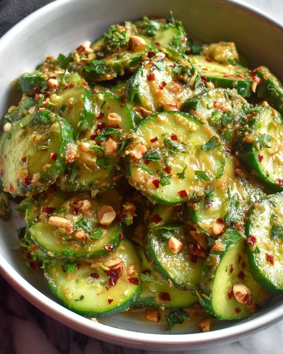 A close-up of a bowl filled with multiple layers of thinly sliced cucumber rounds, bright green on the outsides and light green inside, covered with a creamy, chunky sauce made of crushed nuts, small red chili flakes, and sprinkled with chopped fresh green herbs. The cucumber slices glisten with the dressing, showing a mix of smooth and textured surfaces with small bits of nuts and herbs spread evenly across. The white bowl contrasts with the vibrant green cucumbers and red flakes, all set on a white marbled background. photo taken with an iphone --ar 4:5 --v 7