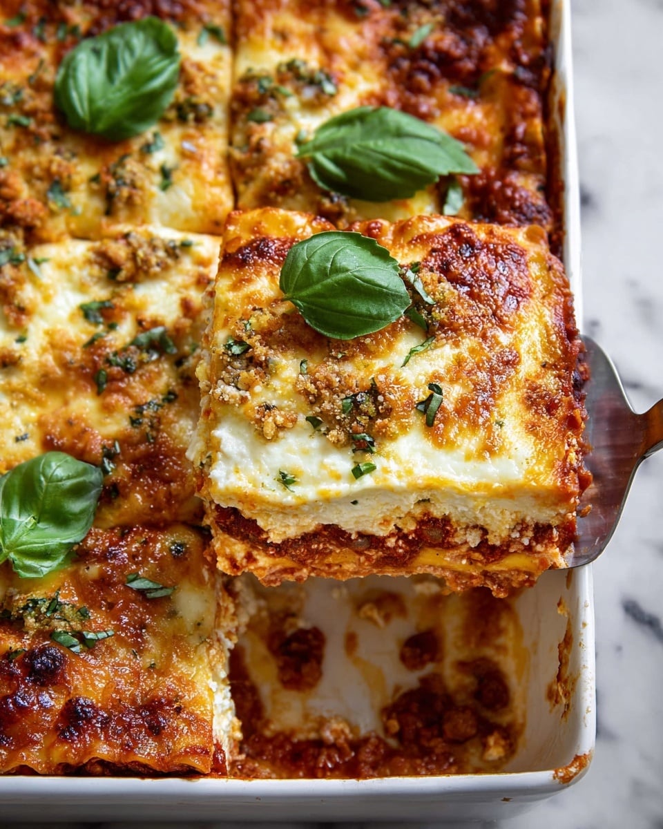 A close-up of a cheesy lasagna in a white baking dish with visible layers showing: a browned and bubbly golden cheese layer on top, sprinkled with cooked green herbs and small bits of crumbly topping, under which you can see a creamy white cheese layer mixed with pale yellow ricotta. The bottom layer reveals a rich red tomato sauce with a meaty texture. Fresh green basil leaves are placed on top for decoration. The dish rests on a white marbled surface with a silver spatula lifting one square piece out of the dish. Photo taken with an iphone --ar 4:5 --v 7