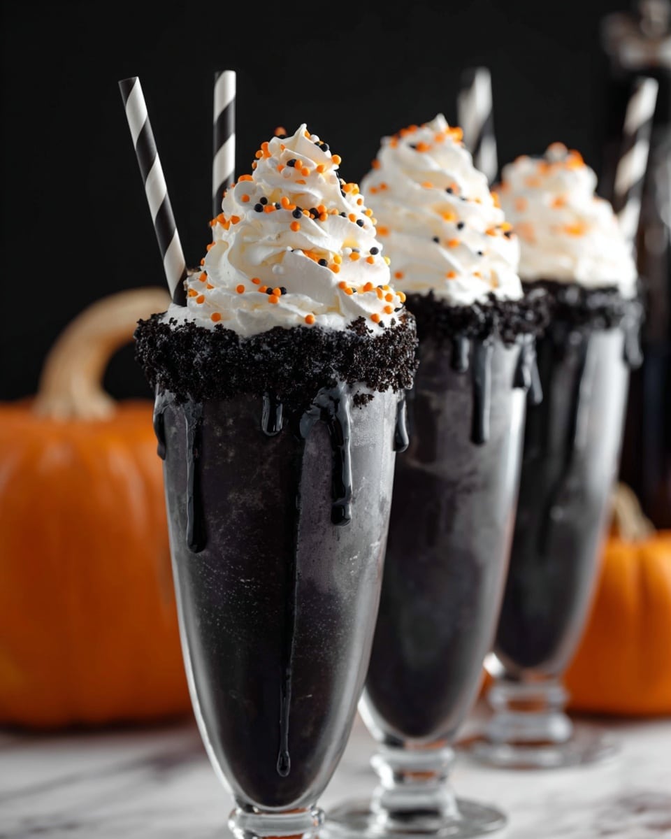 A tall black cup filled with a creamy drink, topped with a high swirl of white whipped cream covered in small orange and black round sprinkles, with a small black decoration shaped like a skull on top; the cup's edge is coated with a thick layer of black sugar crystals, and a black and white striped straw is inserted into the drink; in the blurred background, two orange pumpkins carved with smiling faces are visible, all placed on a white marbled texture. photo taken with an iphone --ar 4:5 --v 7