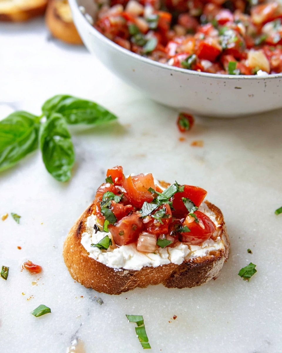 A small toasted bread slice sits on a white marbled surface, topped with a layer of white creamy cheese, followed by a vibrant mix of diced red tomatoes and green herbs, creating a fresh, colorful contrast. Around the toast, there are scattered bits of chopped green herbs and two fresh green basil leaves on the surface. In the background, a white bowl is filled with the same tomato and herb mixture, showing a mix of red, green, and white colors. photo taken with an iphone --ar 4:5 --v 7