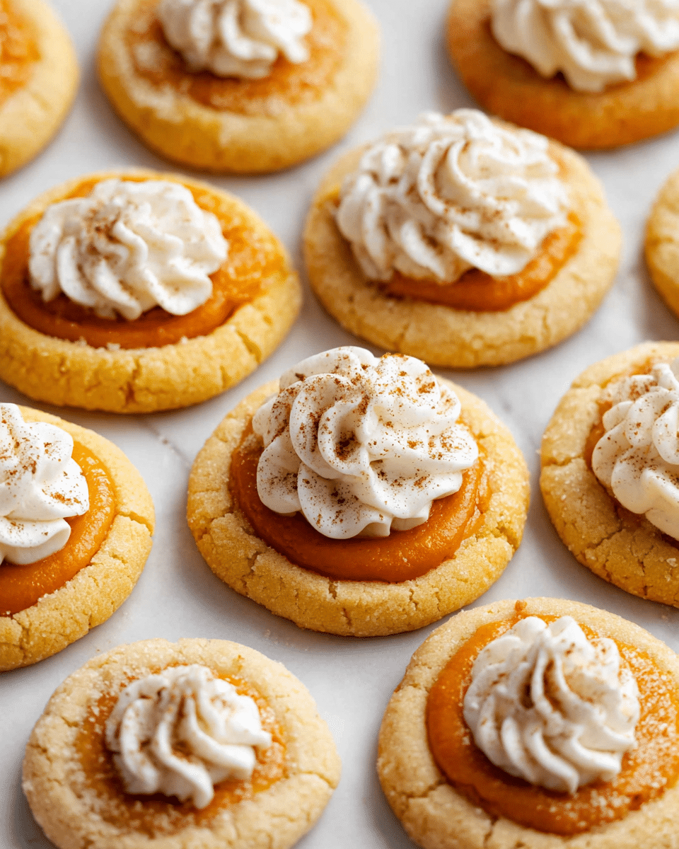 The image shows several round cookies arranged closely on a white marbled surface, each cookie having two main layers. The bottom layer is a golden-yellow, soft-looking dough with a slightly crumbly texture and visible sugar crystals on the surface. The top layer fills the center with smooth, orange pumpkin filling that is glossy and thick. Some cookies have a third layer of white whipped cream piped decoratively in swirls or star-shaped dots, lightly dusted with a sprinkle of brown cinnamon powder. The cookies are evenly spaced, showing a mix of plain pumpkin filling and decorated ones. photo taken with an iphone --ar 4:5 --v 7