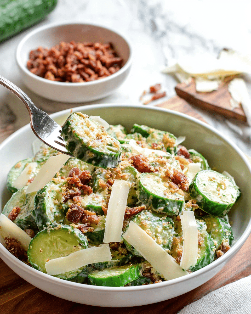 A white bowl filled with a fresh cucumber salad, showing thick green cucumber slices with dark green skin and lighter green flesh as the base layer. On top, there are thin, large shavings of pale yellow cheese scattered. Crumbled reddish-brown bacon bits are sprinkled over, adding texture. A creamy, light dressing coats some cucumber pieces, visible in patches. A silver fork holds a forkful of salad in the foreground. The bowl sits on a wooden surface next to a small white bowl filled with extra bacon bits, all set on a white marbled background. Photo taken with an iphone --ar 4:5 --v 7