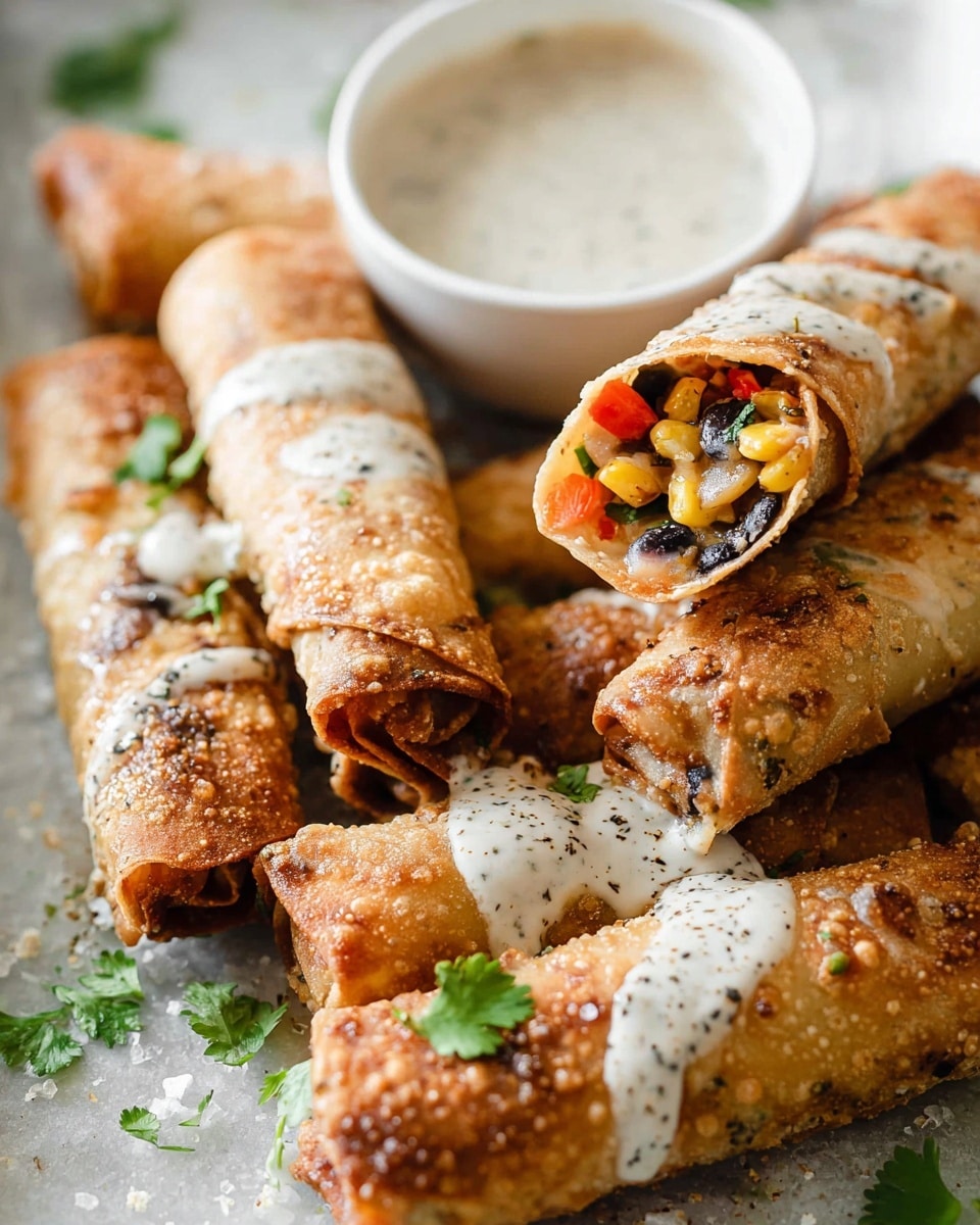 A close-up of seven golden brown crispy taquitos arranged on a white marbled surface with scattered fresh cilantro leaves around. One taquito is cut in half showing a colorful filling of black beans, corn, and small pieces of red pepper inside a crispy, bubbly fried shell. Several taquitos are drizzled with a creamy white sauce with black pepper specks, and one small white bowl filled with the same sauce sits in the background. Coarse salt is sprinkled on top of the taquitos, enhancing the texture and making them look crunchy. photo taken with an iphone --ar 4:5 --v 7