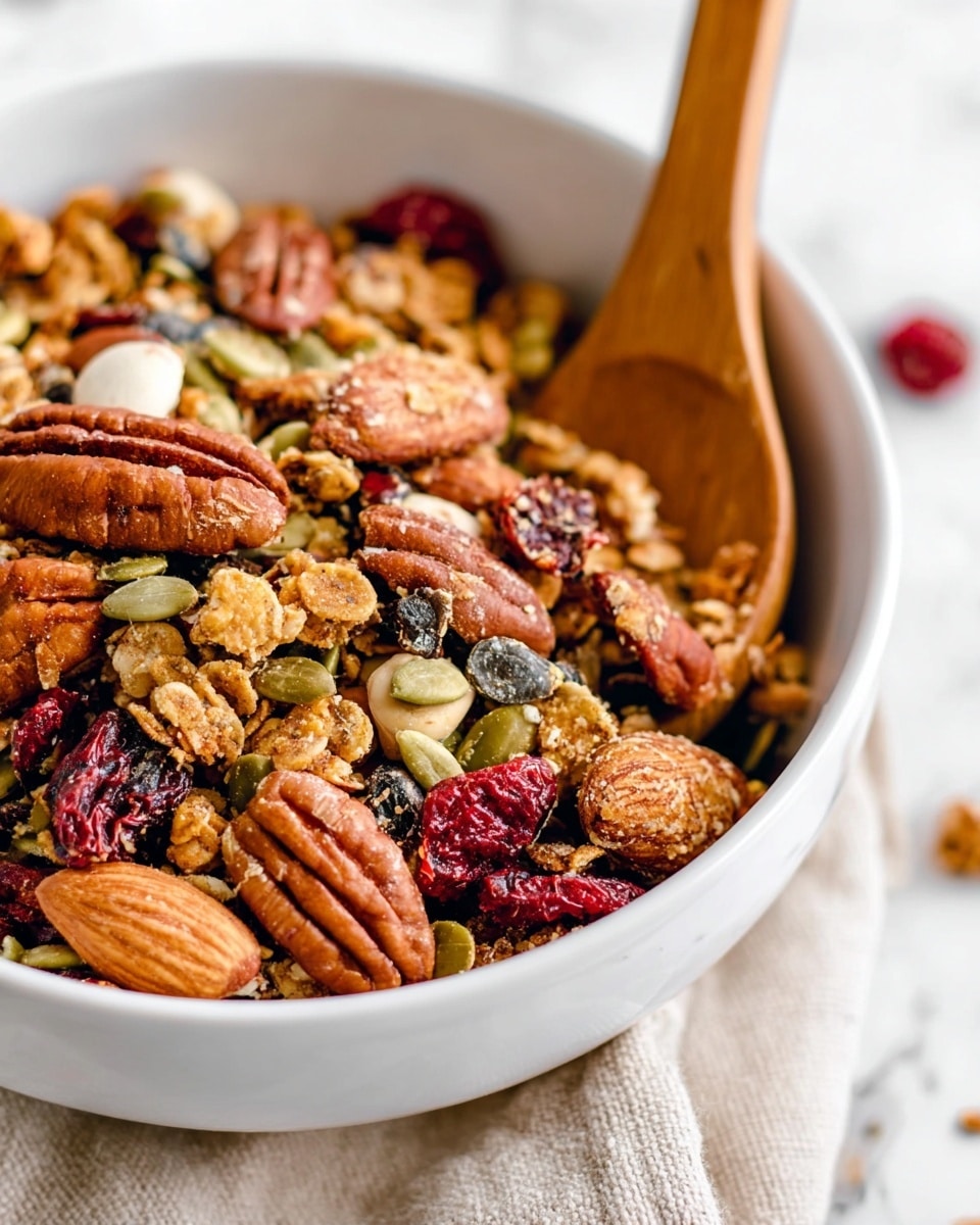 A close-up of a white bowl filled with mixed nuts and seeds including large pecans, almonds, pumpkin seeds, and some dark raisins and red dried berries scattered throughout. The nuts and seeds are covered with a light layer of coarse granola clusters, adding texture. A wooden spoon is partially upright inside the bowl, touching the nuts, and the bowl sits on a beige cloth with a white marbled surface in the background. photo taken with an iphone --ar 4:5 --v 7