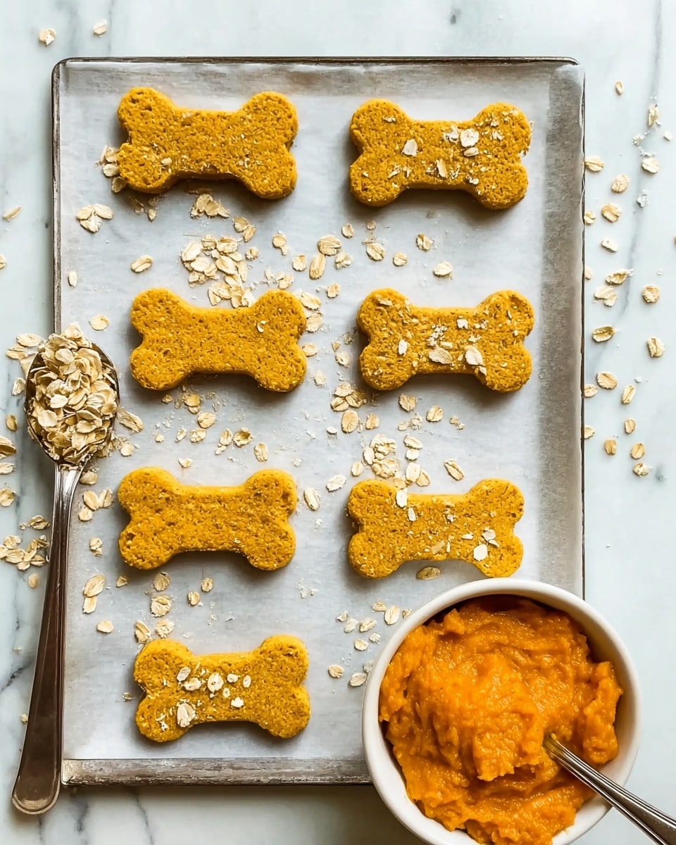 The image shows a baking sheet with a white parchment paper, holding eight yellow-orange dog bone-shaped cookies arranged in two columns. The cookies have a rough texture and are sprinkled lightly with oat flakes, some of which are scattered around on the parchment and the white marbled surface. To the left on the baking sheet, there is a silver spoon with rolled oats spilling over. At the bottom right corner, part of a white bowl filled with thick orange puree is visible, along with a silver spoon scooping some of the puree, resting on the parchment next to the dog bone cookies. Photo taken with an iphone --ar 4:5 --v 7