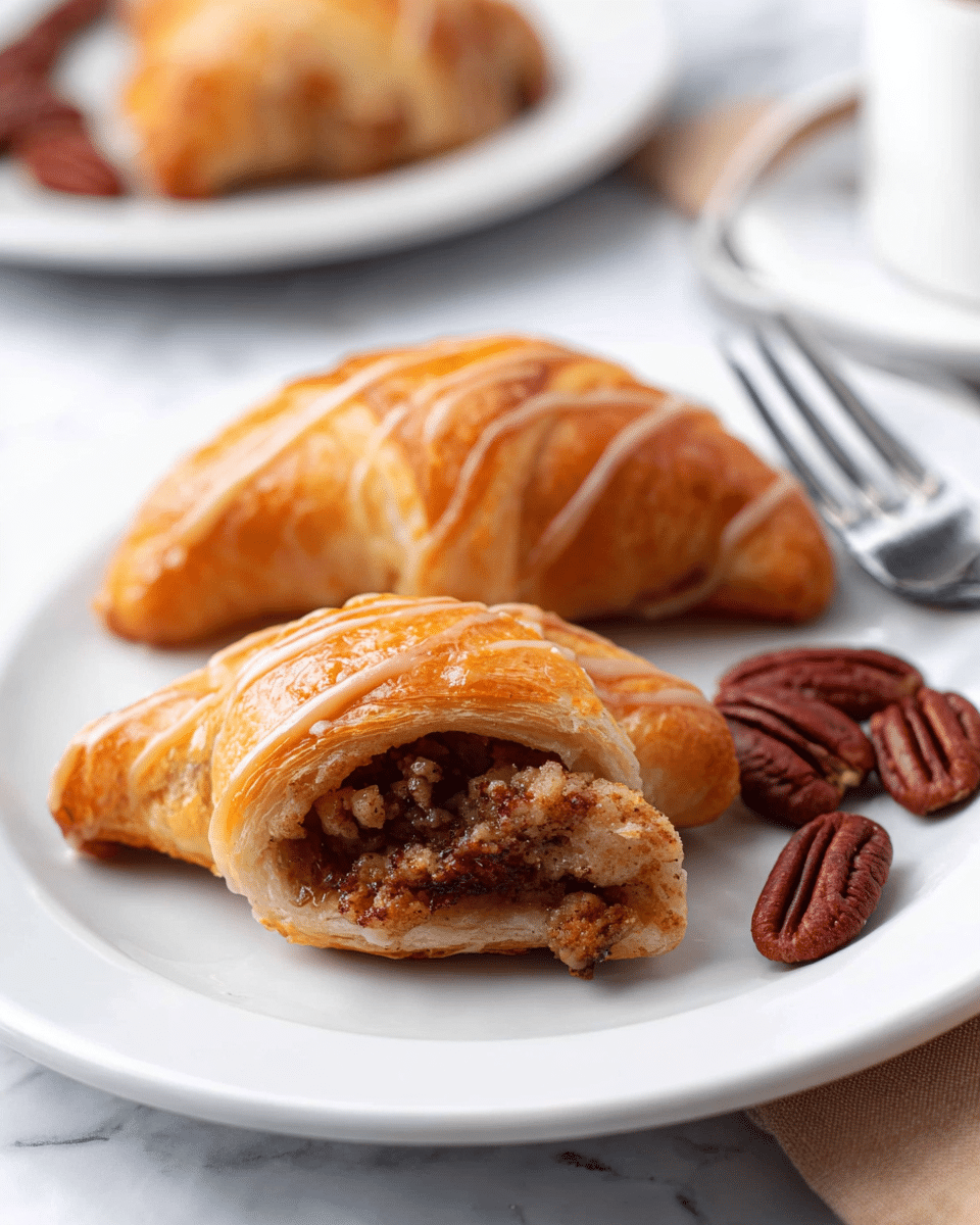 The image shows two crescent-shaped pastries on a white plate with a silver fork resting beside them. Each pastry has a golden-brown, flaky crust with a shiny glaze and visible light brown stripes drizzled on top, creating a textured look. The front pastry's open end reveals a crumbly filling with bits of nuts, showing a rough, moist texture in brown shades. Behind the pastries, several pecan nuts are placed on the plate, adding a rich reddish-brown color contrast. The plate sits on a white marbled surface, and the background includes a softly blurred view of a second white plate with another crescent pastry on it. Photo taken with an iphone --ar 4:5 --v 7