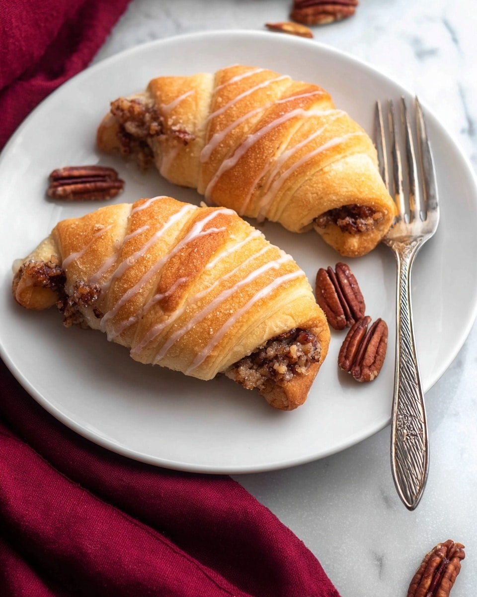 Two golden-brown crescent rolls filled with a crumbly, nutty mixture sit side by side on a white plate. The top layer of the crescent rolls is slightly shiny with a glaze that shows diagonal lines across the surface. A small cluster of whole pecans rests beside the crescent rolls, adding a dark reddish-brown contrast. A silver fork with a simple patterned handle lies on the right edge of the plate. The plate is placed on a white marbled textured surface with a deep red cloth partially visible on the left side. photo taken with an iphone --ar 4:5 --v 7