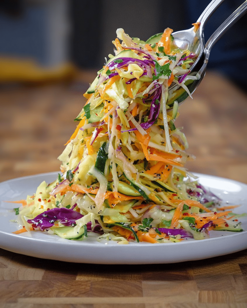 The image shows a colorful salad being lifted with two silver serving spoons above a white plate. The salad has several layers: thin strips of light green cucumber and pale yellow cabbage, bright orange shredded carrots, thin slices of purple onion, and small green leaves of herbs mixed throughout. Mustard seeds and tiny bits of red chili add texture and specks of color. The white plate sits on a wooden surface, and the background is softly blurred. photo taken with an iphone --ar 4:5 --v 7