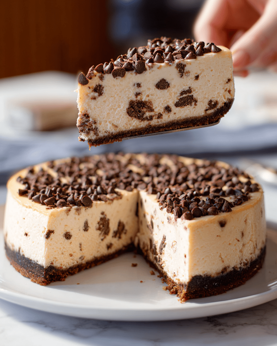 A slice of cheesecake is held by a woman's hand above a full cheesecake placed on a white plate on a white marbled surface. The cheesecake has three layers: a thin dark brown crust at the bottom, a thick creamy light beige middle layer mixed with small chocolate chips, and a top beige layer sprinkled generously with dark chocolate chips. The texture of the top and middle layers looks smooth and creamy, while the crust appears firm and crumbly. The background has soft out-of-focus elements that do not distract from the cheesecake. photo taken with an iphone --ar 4:5 --v 7