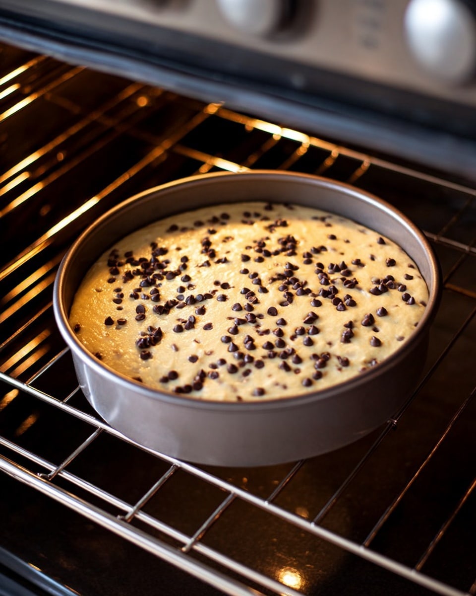 A round gray baking pan filled with thick, creamy light yellow batter mixed evenly with small dark brown chocolate chips spread on top is placed inside an oven on a metal rack, with the oven door open showing a shiny metal interior and the oven controls blurred in the background; the batter surface looks smooth with a soft texture ready to bake. Photo taken with an iphone --ar 4:5 --v 7