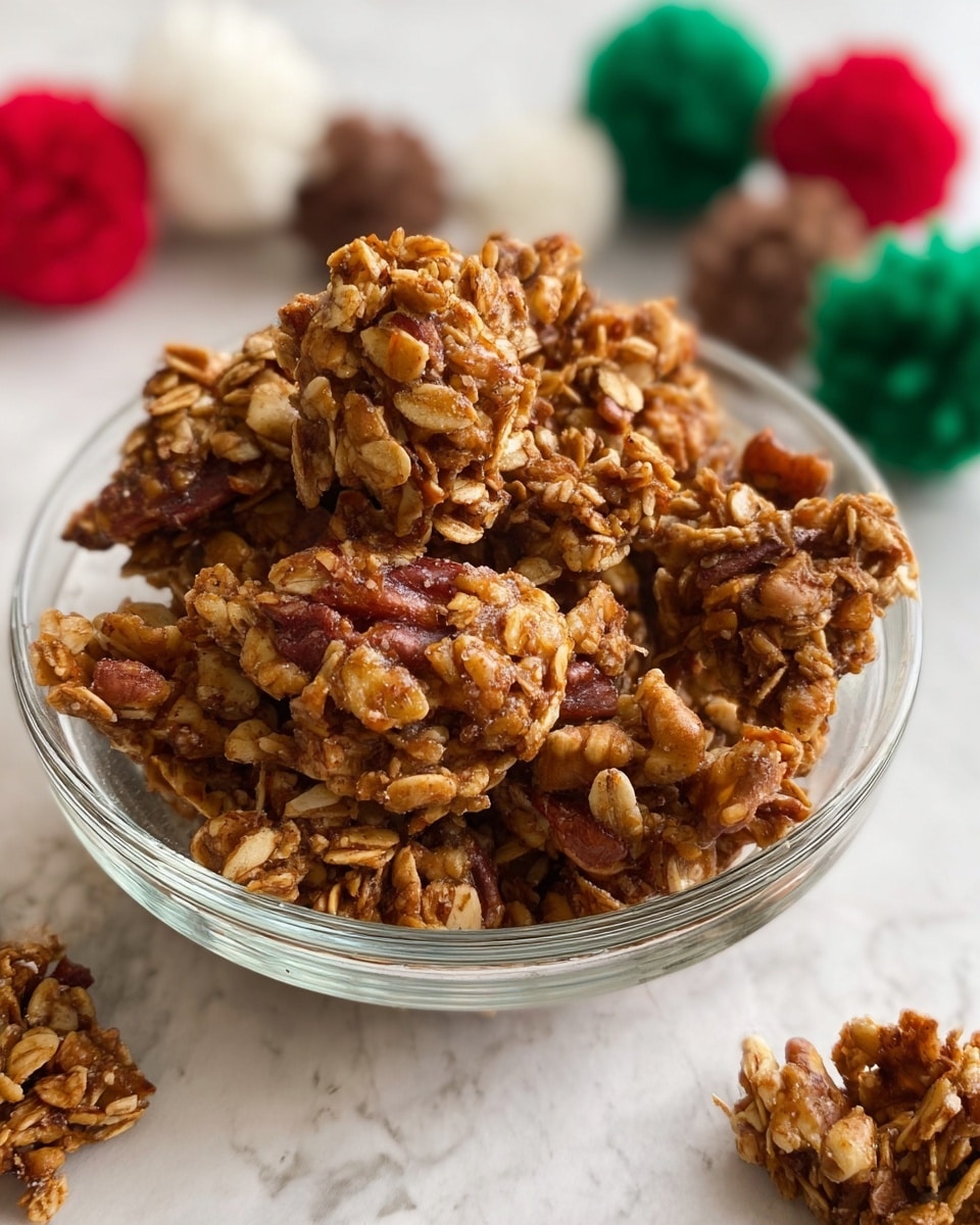 A clear glass bowl filled with chunky granola clusters sits on a white marbled surface. The granola is made up of golden brown oats mixed with large pieces of nuts like walnuts and pecans, giving it a rough, textured look. The oats are toasted to a light caramel color while the nuts show varied shades of brown, some with a shiny coating. In the blurred background, there are soft, colorful pom-poms in red, green, white, and brown that add a festive touch. Photo taken with an iphone --ar 4:5 --v 7