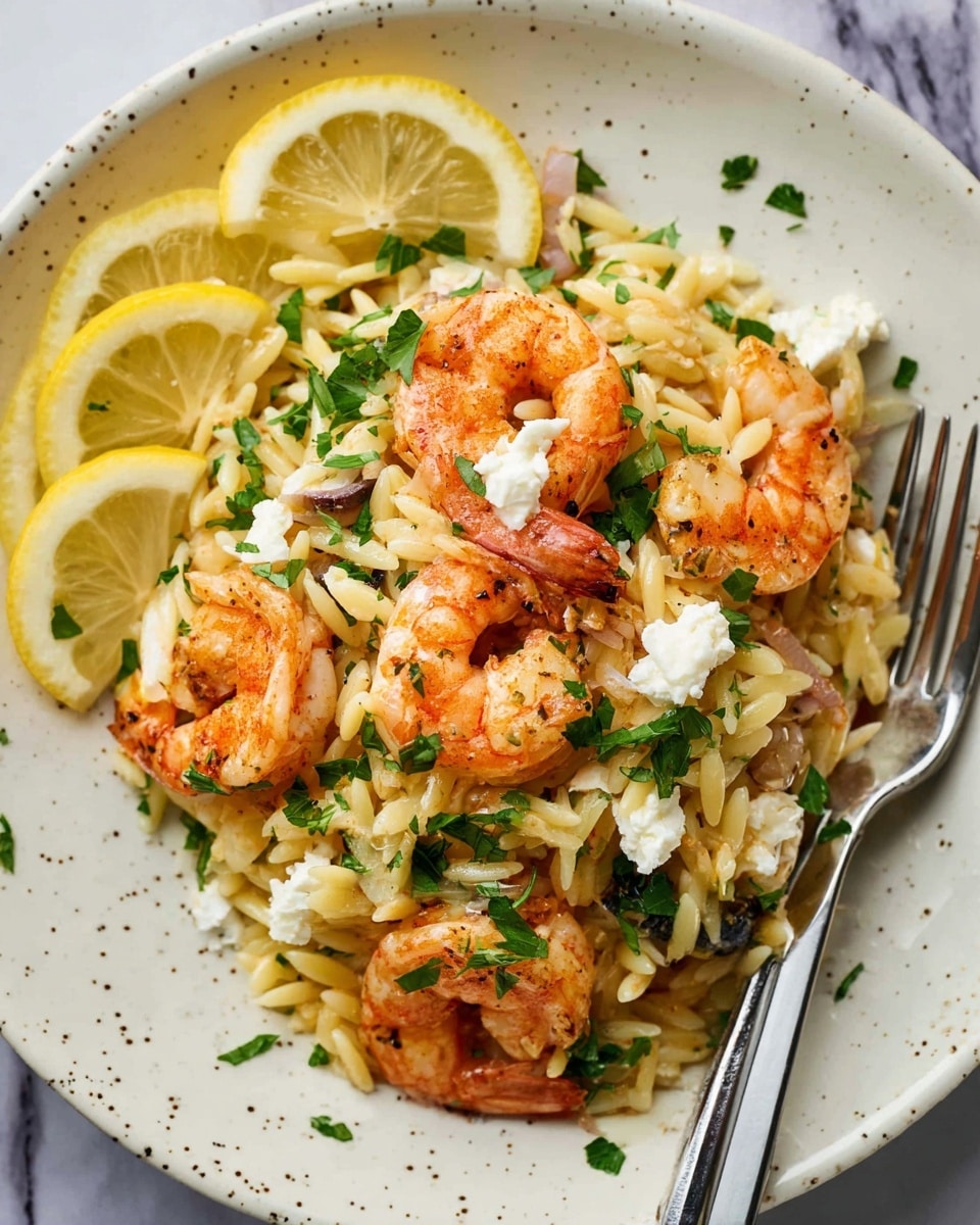 A white plate filled with a dish showing three layers: the bottom layer is light golden orzo pasta mixed with small pieces of cooked onion, herbs, and tiny bits of black olives, all soft in texture; the middle layer has bright orange cooked shrimp arranged on top of the pasta, some garnished with fresh chopped green parsley; the top layer contains white crumbles of cheese scattered unevenly with two lemon slices visible at the edge of the plate, adding a splash of yellow. A silver fork rests on the side of the plate, which is placed on a white marbled surface. photo taken with an iphone --ar 4:5 --v 7