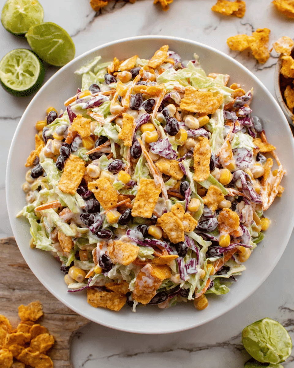 A white round plate filled with a colorful mixed salad that has about three main layers: the base is shredded light green and purple cabbage mixed with small, thin slices of orange carrots, the middle layer is scattered black beans and yellow corn kernels, and the top layer is broken pieces of crunchy orange chips spread unevenly across the salad. The texture looks creamy with a light dressing holding the ingredients together. The plate sits on a white marbled surface with some lime halves and extra chips around it. Photo taken with an iphone --ar 4:5 --v 7