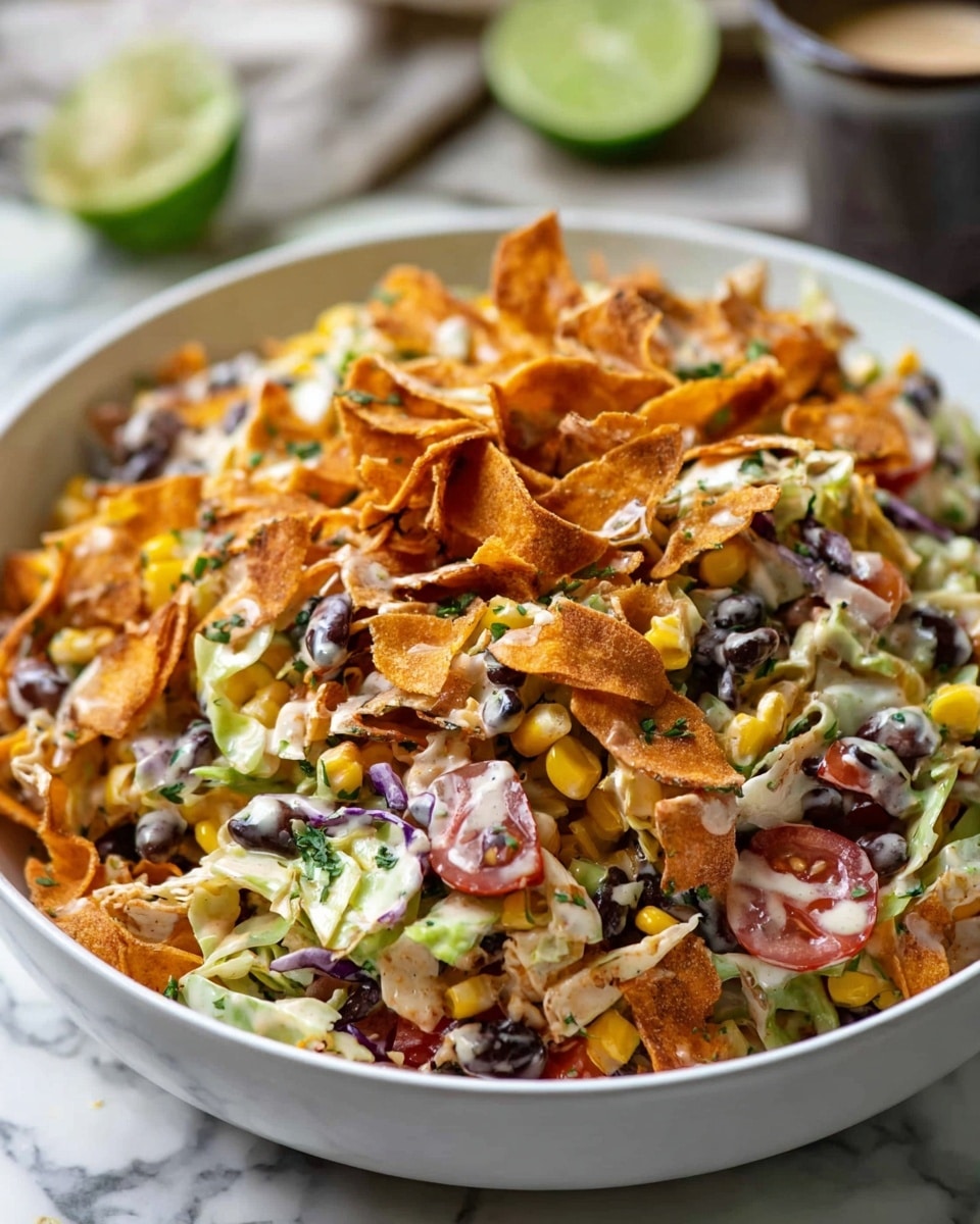 A white bowl filled with a colorful mix of salad, showing multiple layers of ingredients including shredded white cabbage, orange sweet potato chips, black beans, yellow corn kernels, diced red tomatoes, and green herbs, all coated lightly with a creamy dressing. The textures vary from crunchy sweet potato chips scattered on top to softer vegetables underneath, creating a vibrant and fresh look. The bowl is placed on a white marbled surface with a lime wedge and cup of sauce blurred softly in the background. Photo taken with an iphone --ar 4:5 --v 7