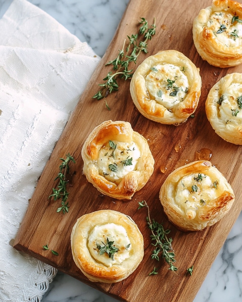 The image shows seven small, round puff pastry tarts on a wooden cutting board with a light honey drizzle. Each tart has two main layers: a golden, flaky puff pastry base and a creamy white cheese topping placed in a small hollow in the center of the pastry. Fresh green thyme sprigs garnish each tart, adding a fresh look. The texture of the puff pastry is crispy and flaky, while the cheese looks soft and slightly crumbly. The wooden board is set on a white marbled surface and a white cloth with delicate embroidery is seen on the left side. photo taken with an iphone --ar 4:5 --v 7